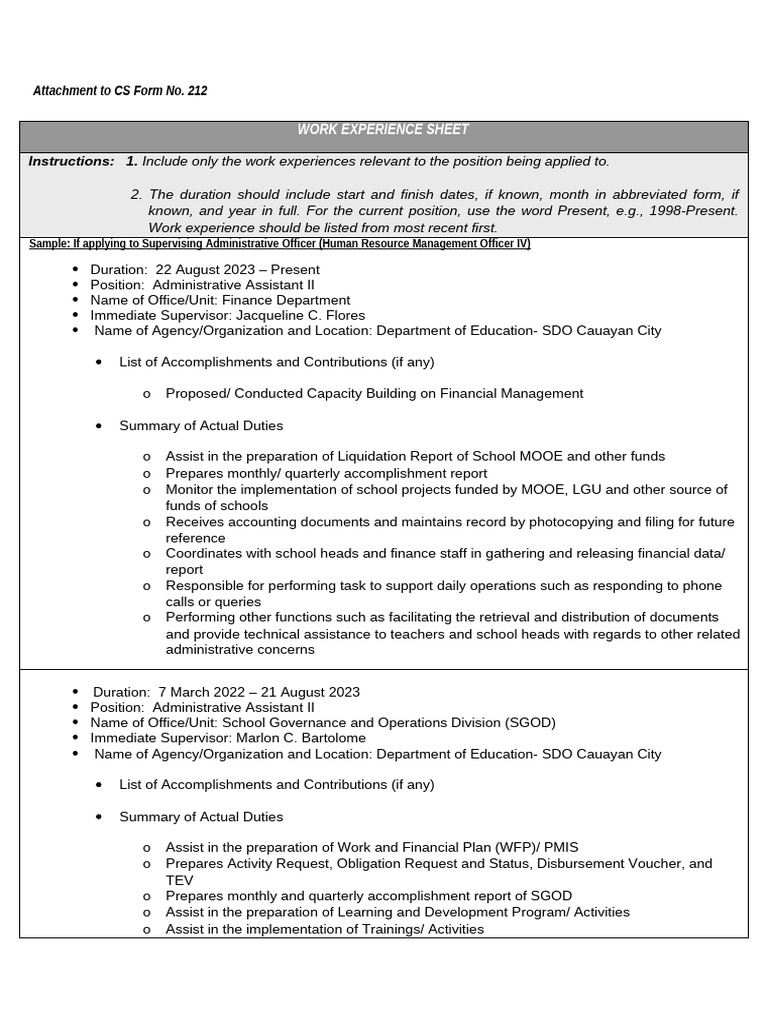 ANNEX H 2 CS Form No. 212 Attachment Work Experience Sheet | PDF | Business