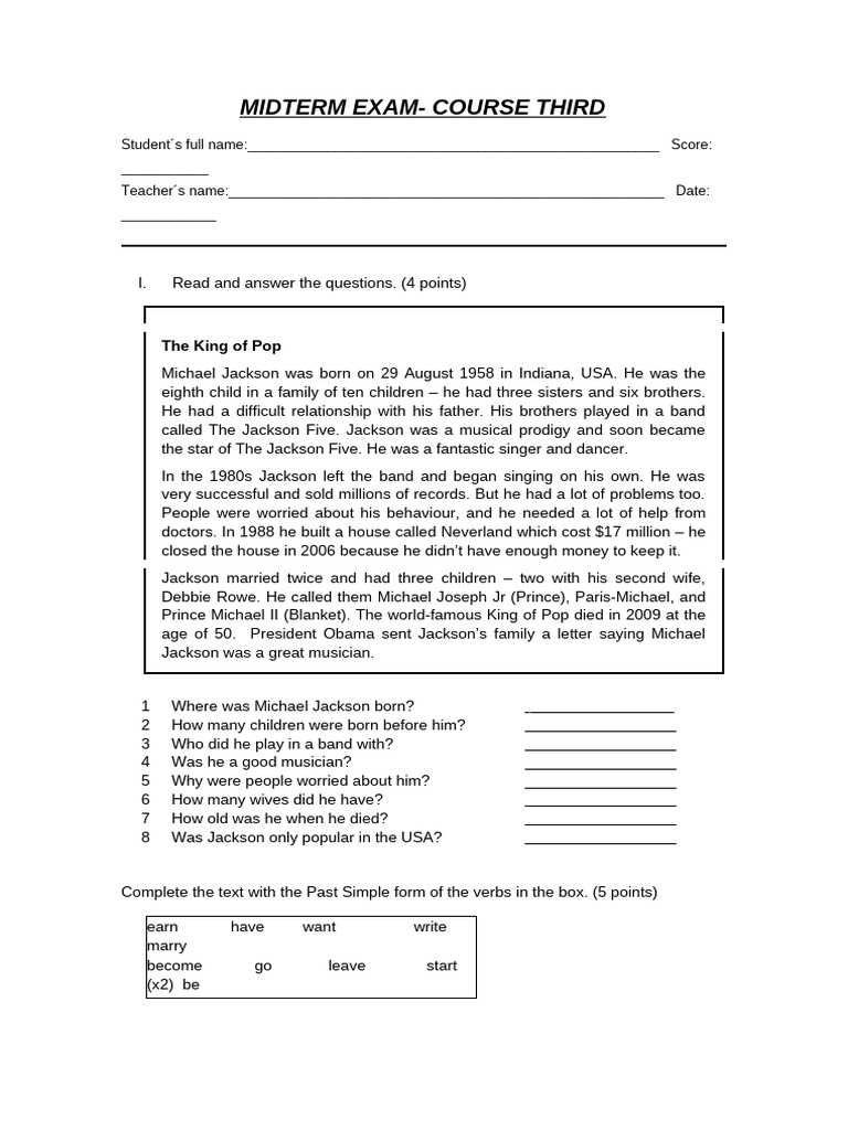 MIDTERM EXAM COURSE 4 | PDF | Michael Jackson