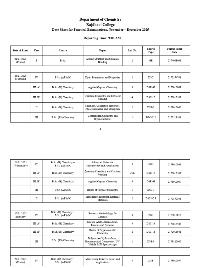 Chemistry Practical Exam Schedule 2025 | PDF | Chemistry | Amine