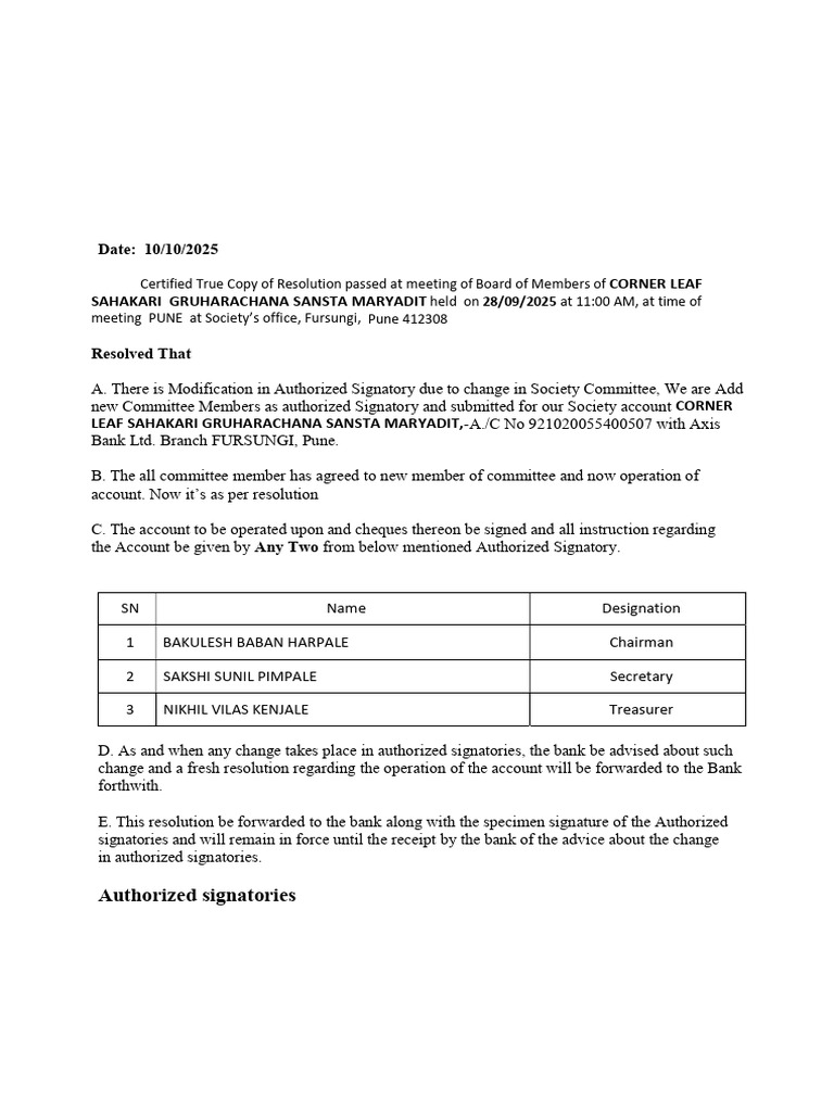 Authorized Signatory Resolution for Bank | PDF