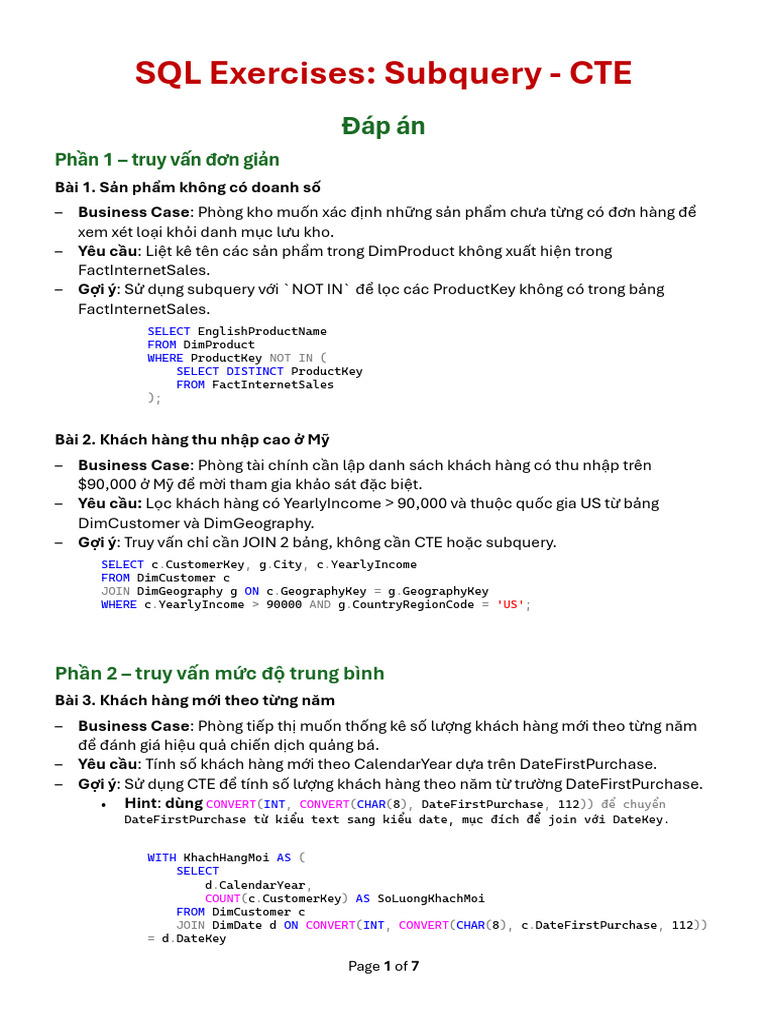 SQL Exercises Join - Subquery - CTE | PDF