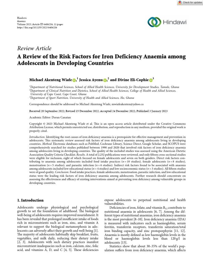 Anemia - 2023 - Wiafe - A Review of The Risk Factors For Iron ...