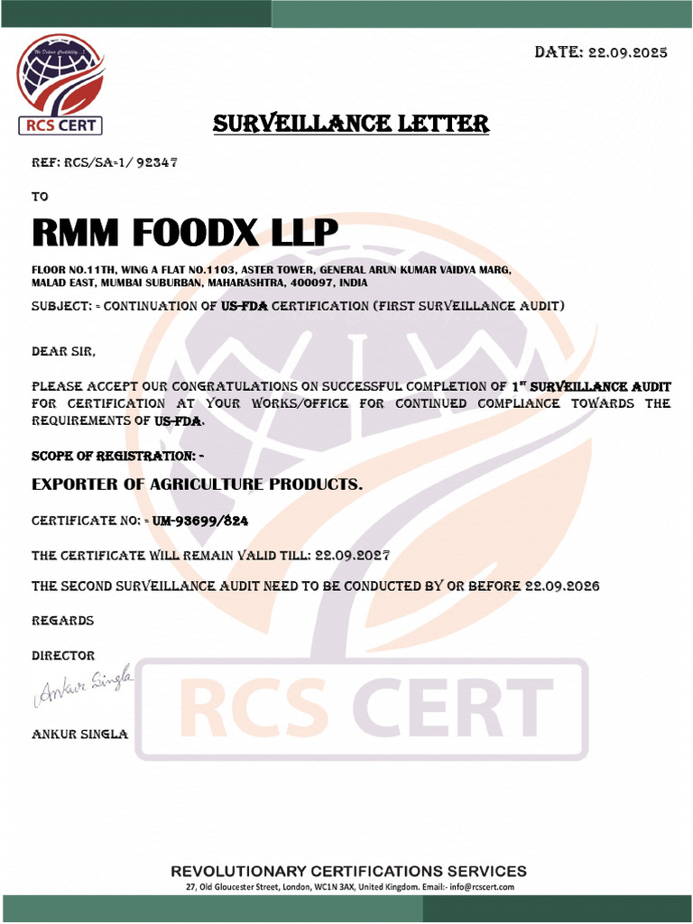 Surv. Letter - Us-Fda - RMM Foodx LLP | PDF