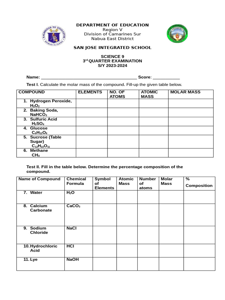 Science 9: Molar Mass & Volcano Exam | PDF | Volcano | Lava