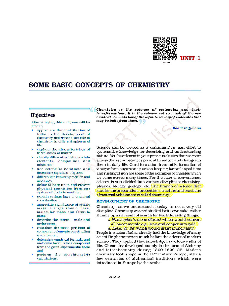 Some Basic Concepts of Chemistry Highlights Ncert | PDF