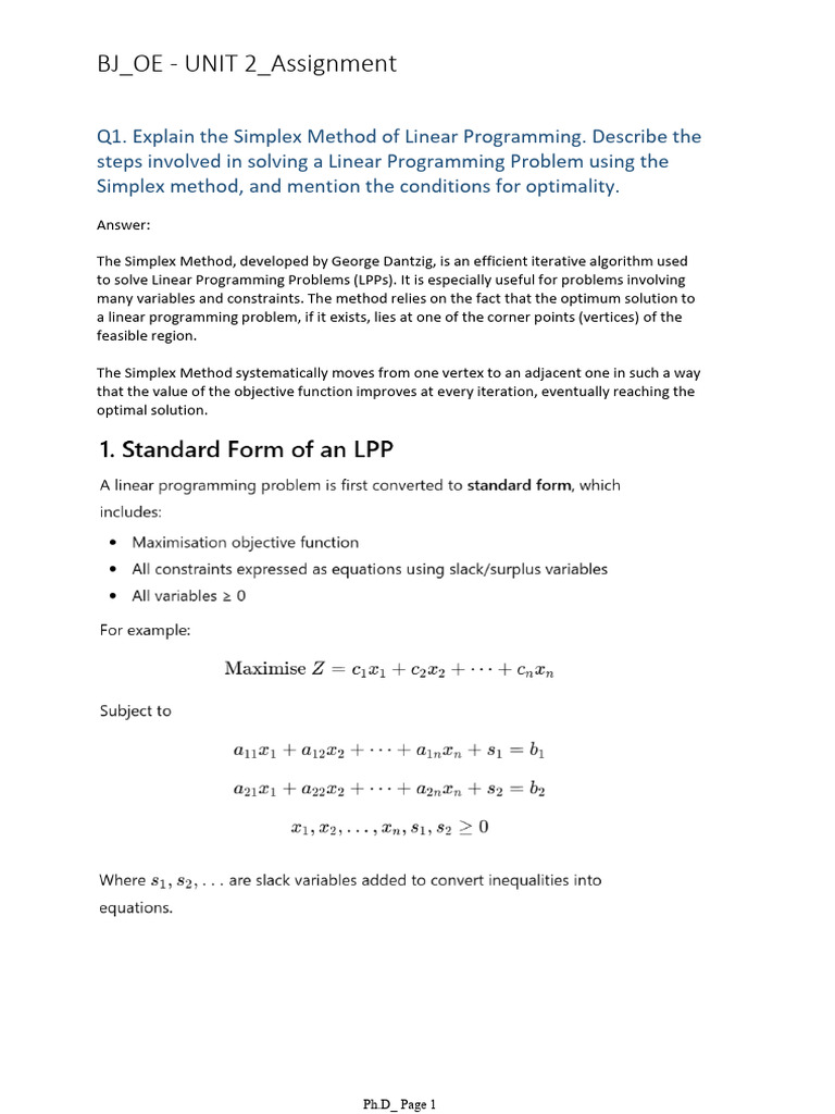 BJ - OE - UNIT 2 - Assignment | PDF | Linear Programming | Mathematical ...