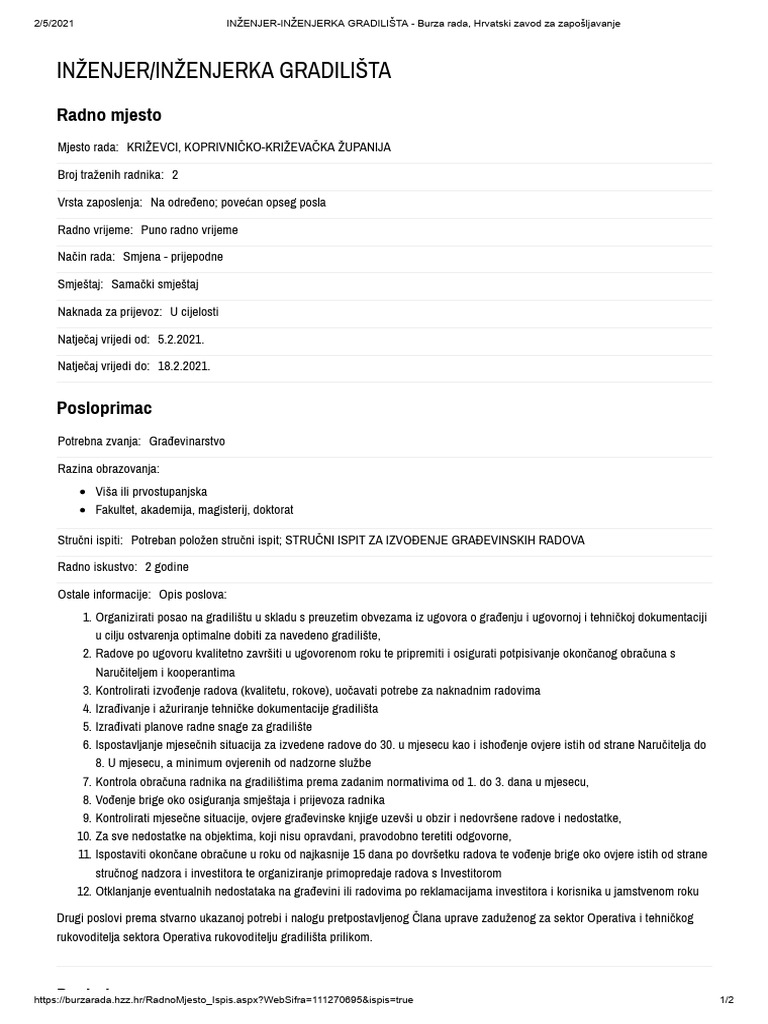INŽENJER-InŽENJERKA GRADILIŠTA - Burza Rada, Hrvatski Zavod Za ...