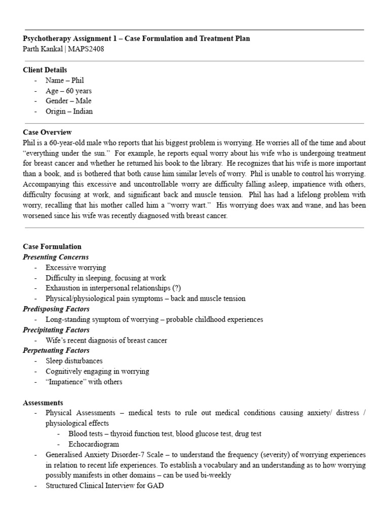 Case Formulation ParthKankal MAPS2408 | PDF | Generalized Anxiety ...