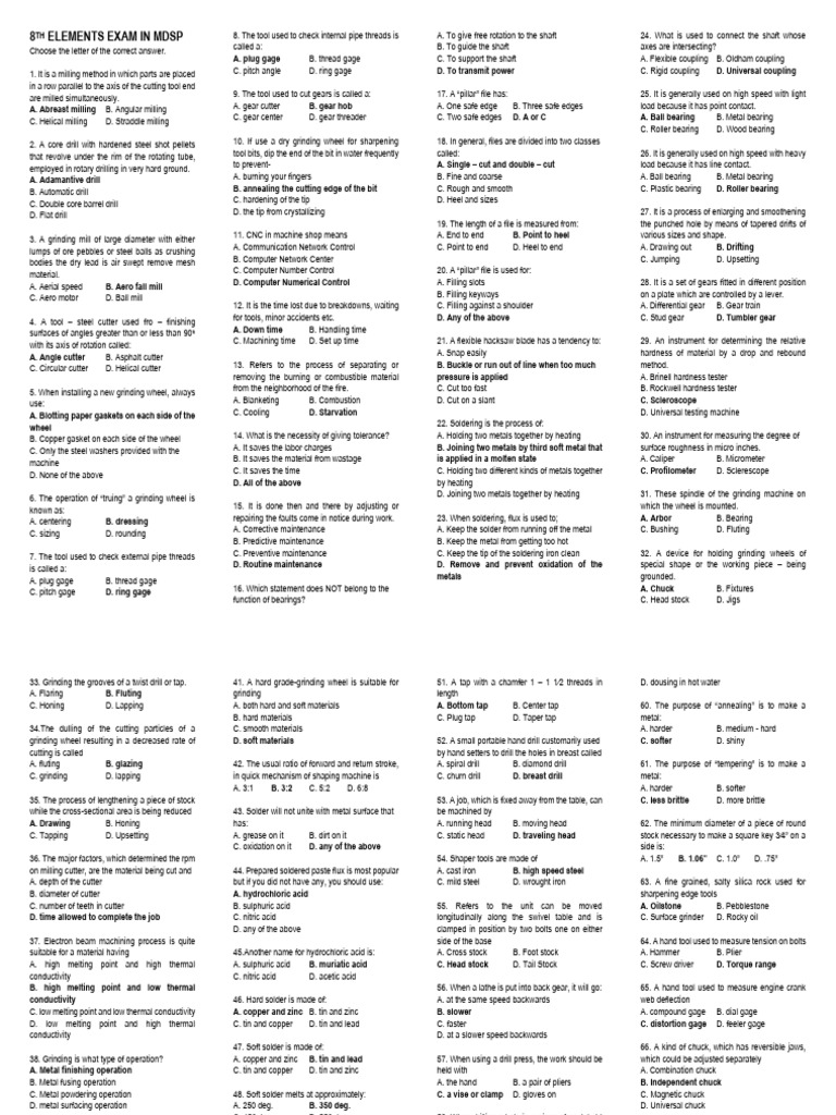 MDSP - 8th Elements Exam Answer Key | PDF | Gear | Machining