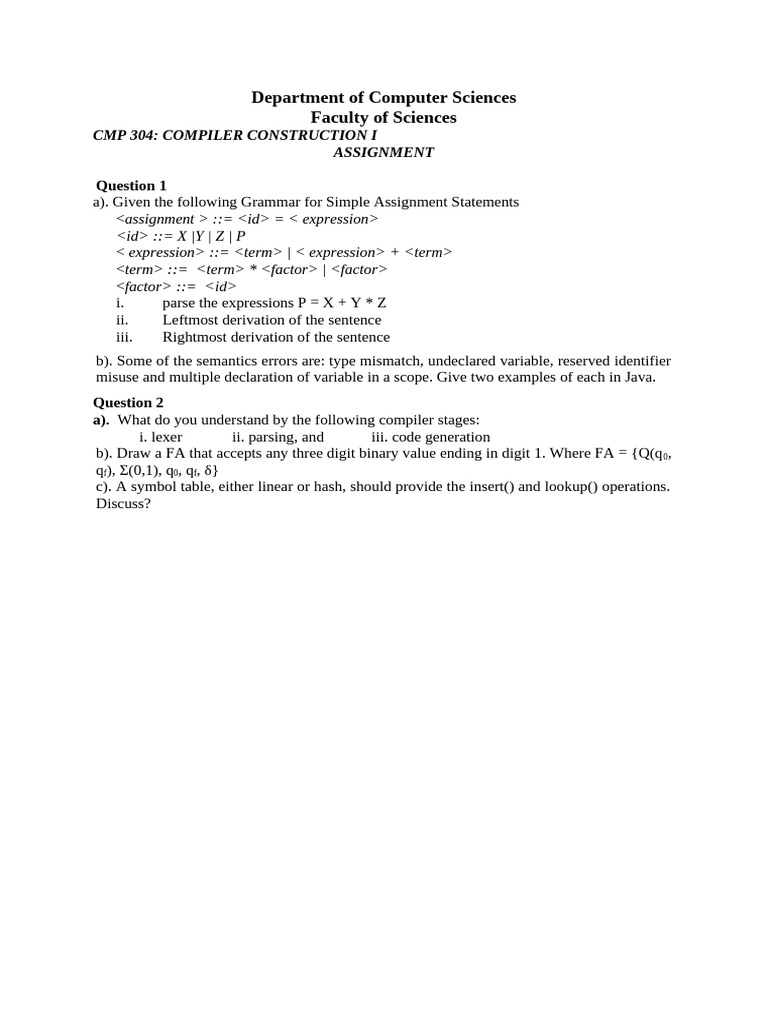 Compiler Construction Assignment Overview | PDF