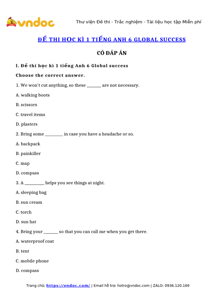 De Thi Tieng Anh Lop 6 Hoc Ki 1 Global Success So 6 | PDF