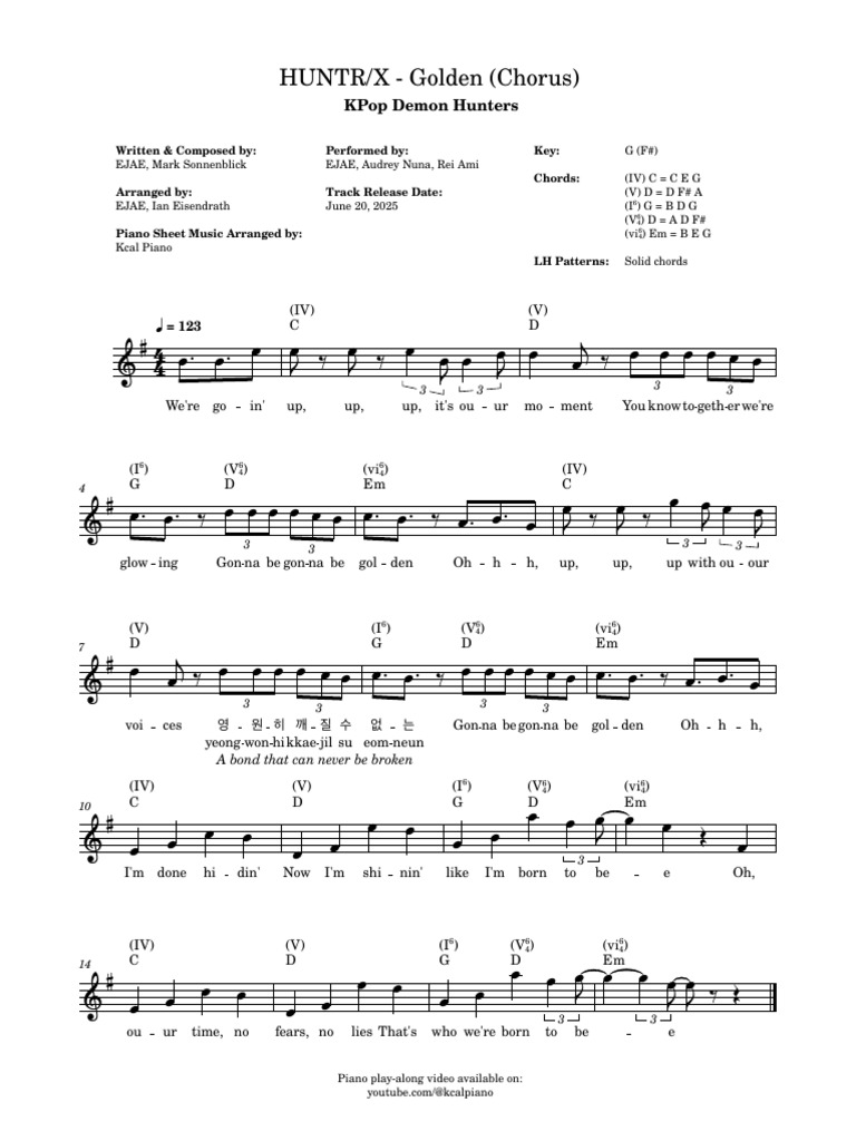 KPop Piano Sheet Music: HUNTR/X - Golden | PDF | Musicology