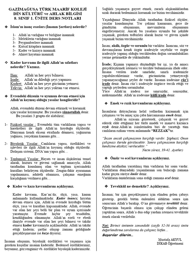 TMK 8. Sınıf 1. Ünite Ders Notları (2024-2025) | PDF
