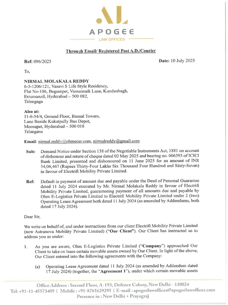 Nirmal Reddy 138 Demand Notice (10.07.2025) | PDF