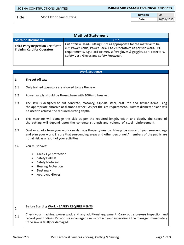Floor Saw Cutting Method Statement | PDF | Electrical Connector | Concrete