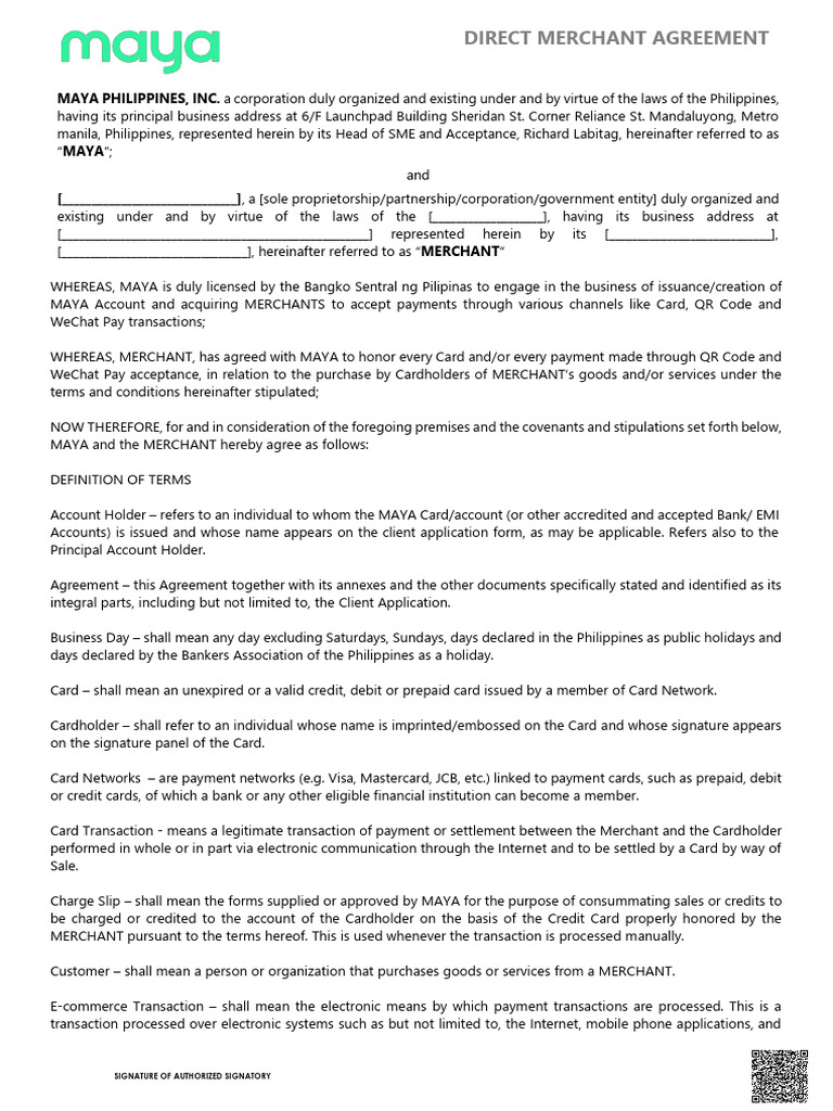 Maya T&C Direct Merchant Agreement Template | PDF | Credit Card | Debit ...