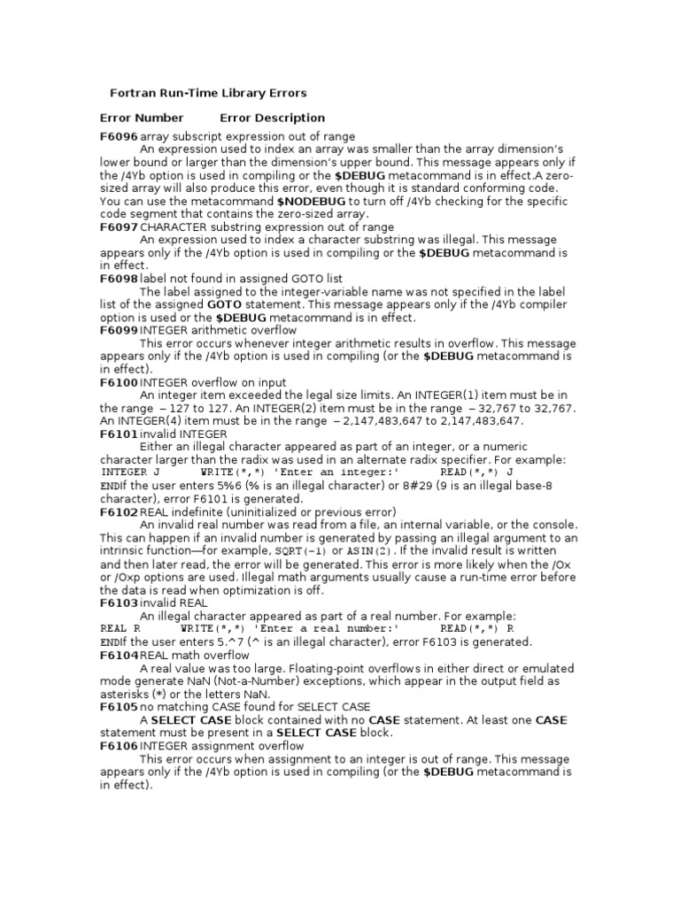 Fortran Run Time Error Codes | PDF | Pointer (Computer Programming ...