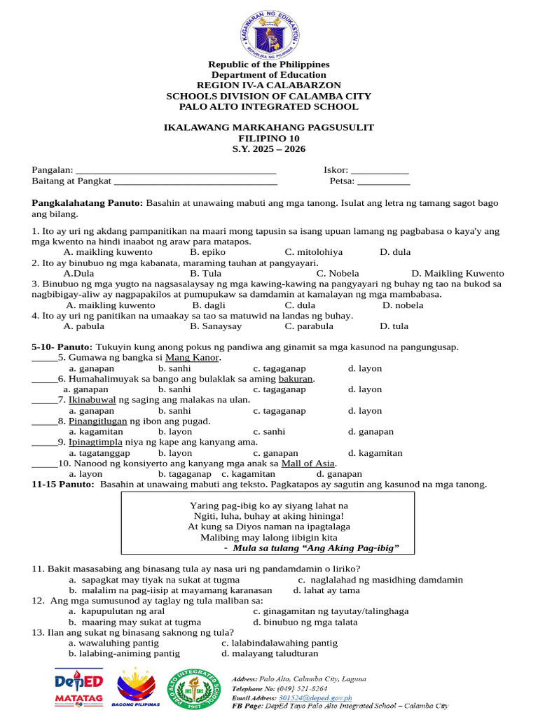 FILIPINO 10 2ndquarter Exam | PDF