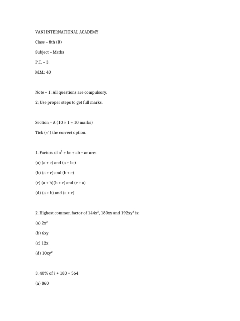 Math PT3 Class8 | PDF