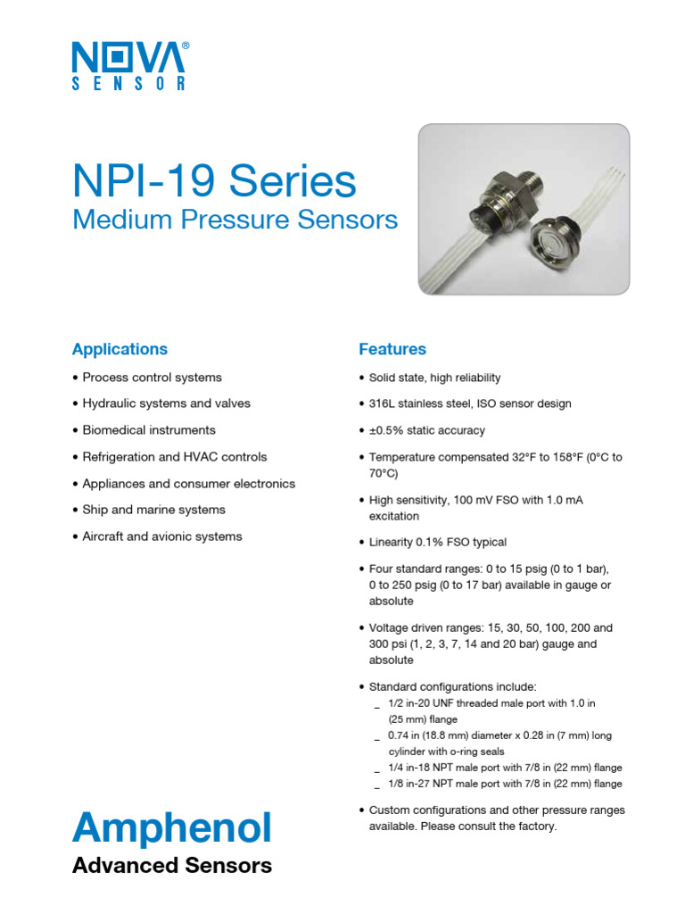 NPI-19 Medium Pressure Sensor Specs | PDF | Sensor | Pressure Measurement
