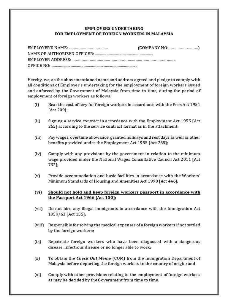 Employer's Undertaking for Foreign Workers | PDF | Foreign Worker ...