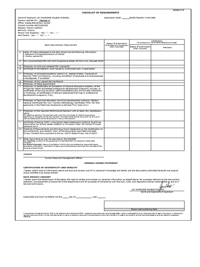 Teacher IV Application Requirements Checklist | PDF