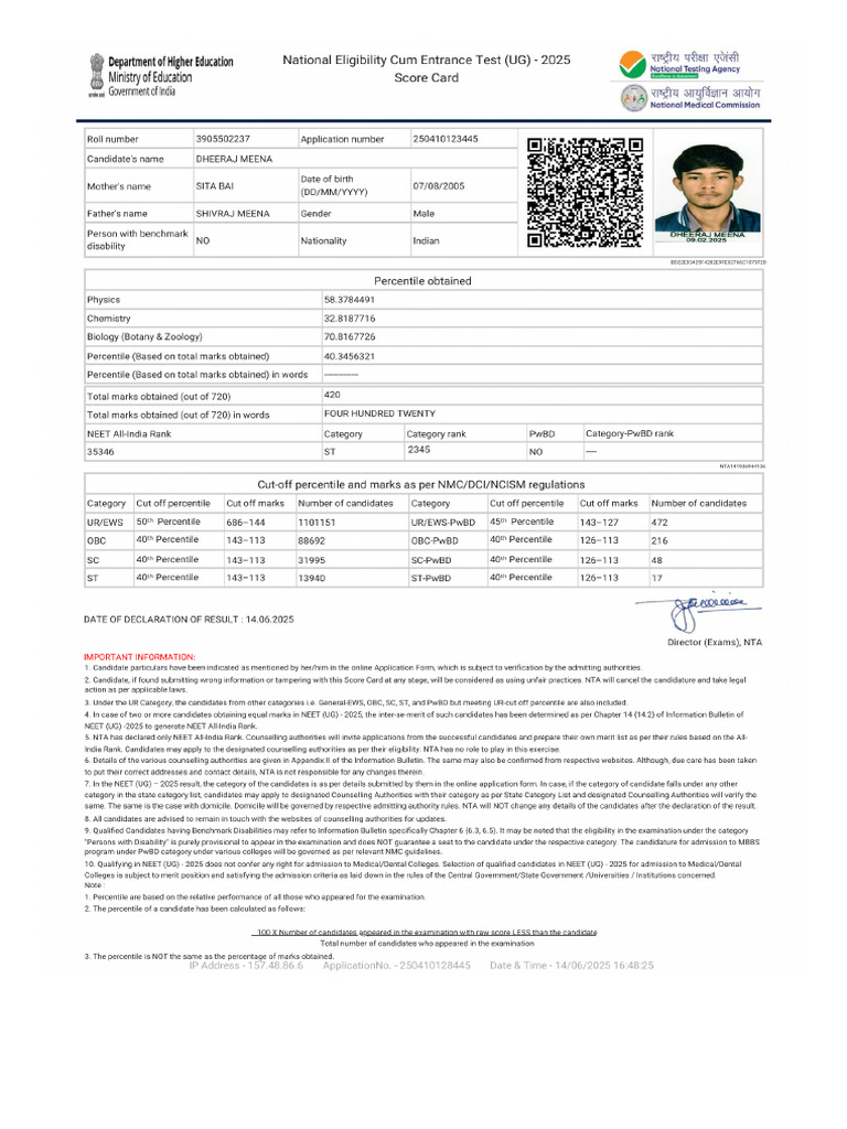 NEET 2025 Scorecard | PDF