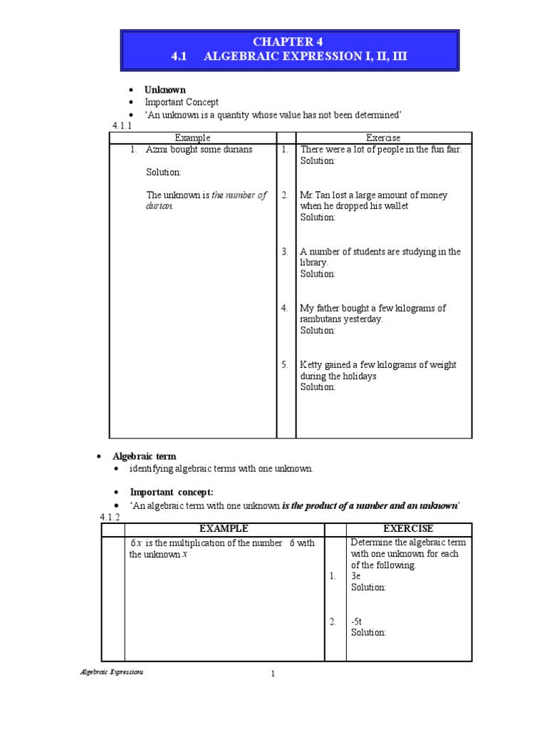 Algebraic Expressions Guide | PDF | Teaching Methods & Materials ...
