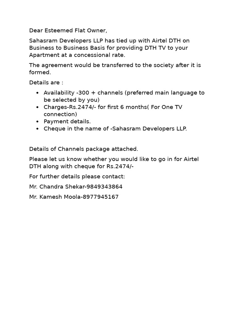 Affordable Airtel DTH for Apartments | PDF