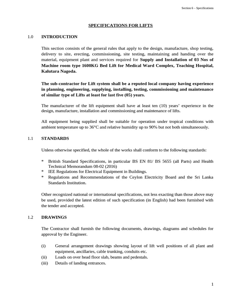 Lift Specifications for Medical Ward Complex | PDF | Elevator | Door