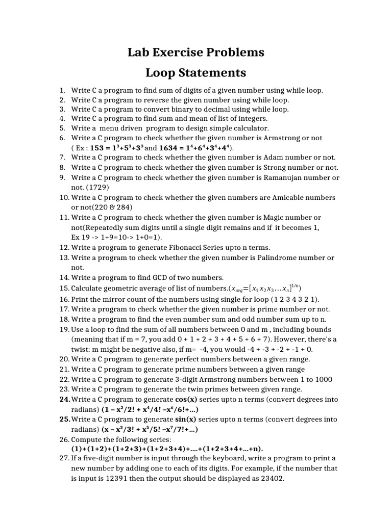 C Programming Loop Exercises List | PDF | Numbers | Number Theory