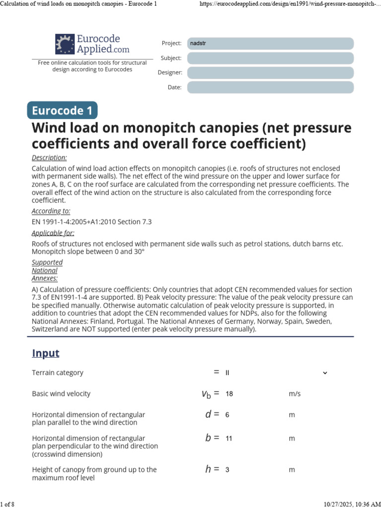 Calculation of Wind Loads On Monopitch Canopies - Eurocode 1 | PDF ...