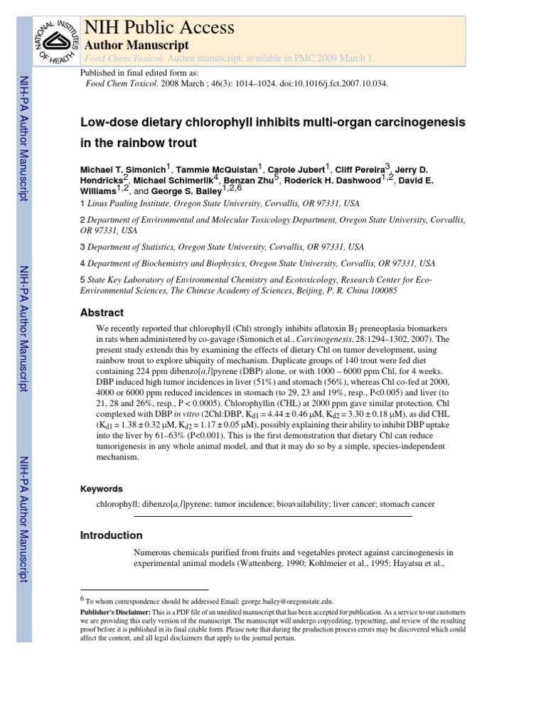 Chlorophyll Cancer PDF Carcinogen Carcinogenesis