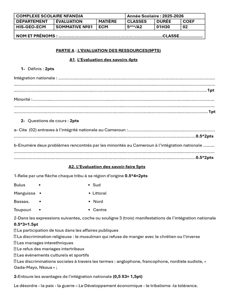 Évaluation d'intégration nationale 5e A2 | PDF