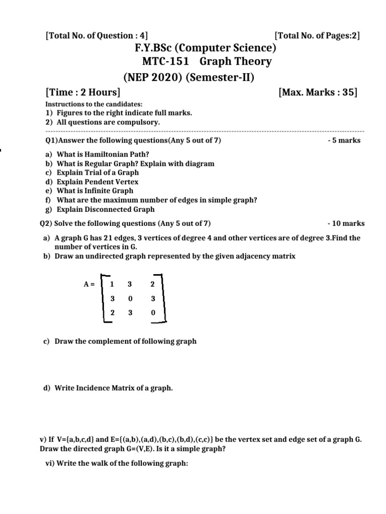 Graph Theory Exam Questions for BSc | PDF | Vertex (Graph Theory ...