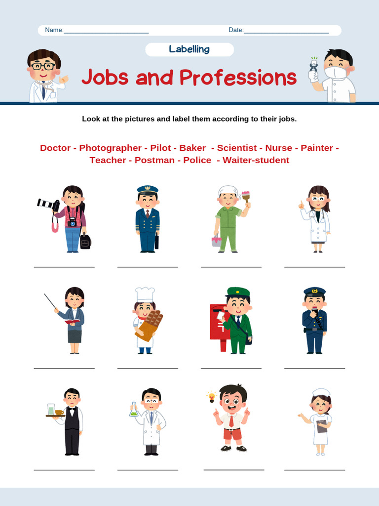 Jobs and Professions Labelling Vocabulary Worksheet Simple Style | PDF