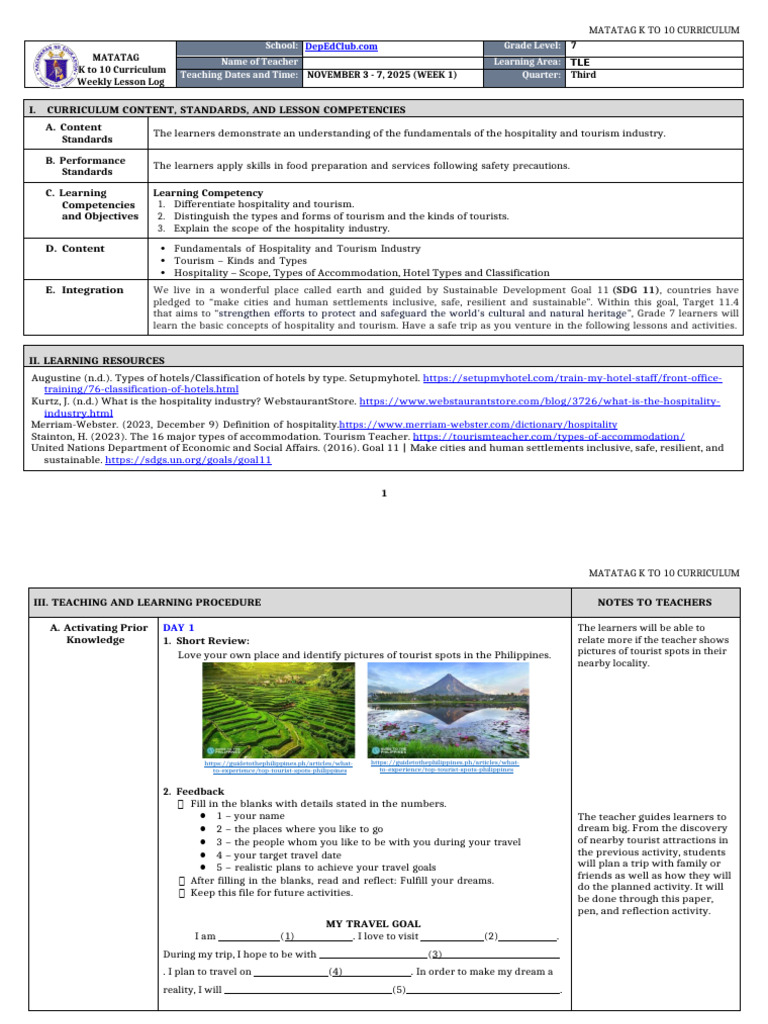 DLL Matatag - Tle 7 q3 w1 | PDF | Tourism | Teachers