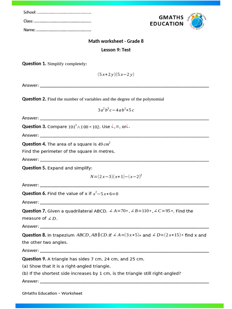 G8.L9.Worksheet | PDF