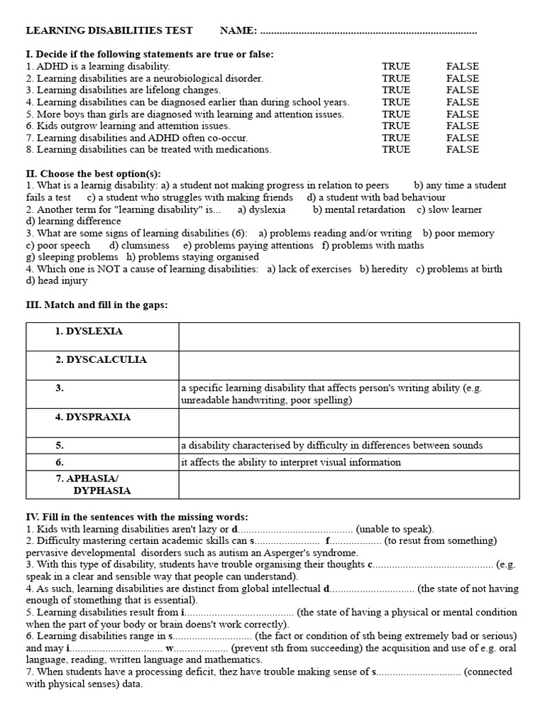 Learning Disabilities Assessment Quiz | PDF | Learning Disability ...