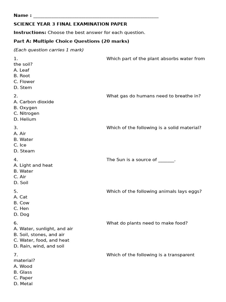 Year 3 Science Exam Paper | PDF | Tooth | Atmosphere Of Earth