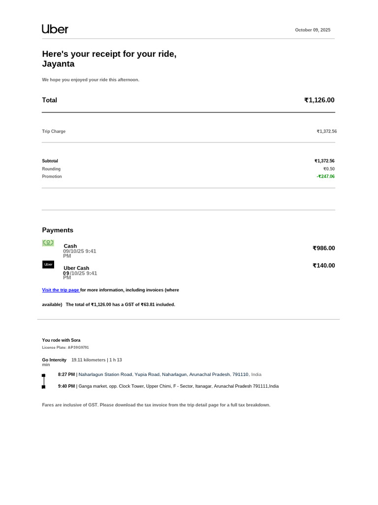 Uber Ride Receipt - October 2025 | PDF