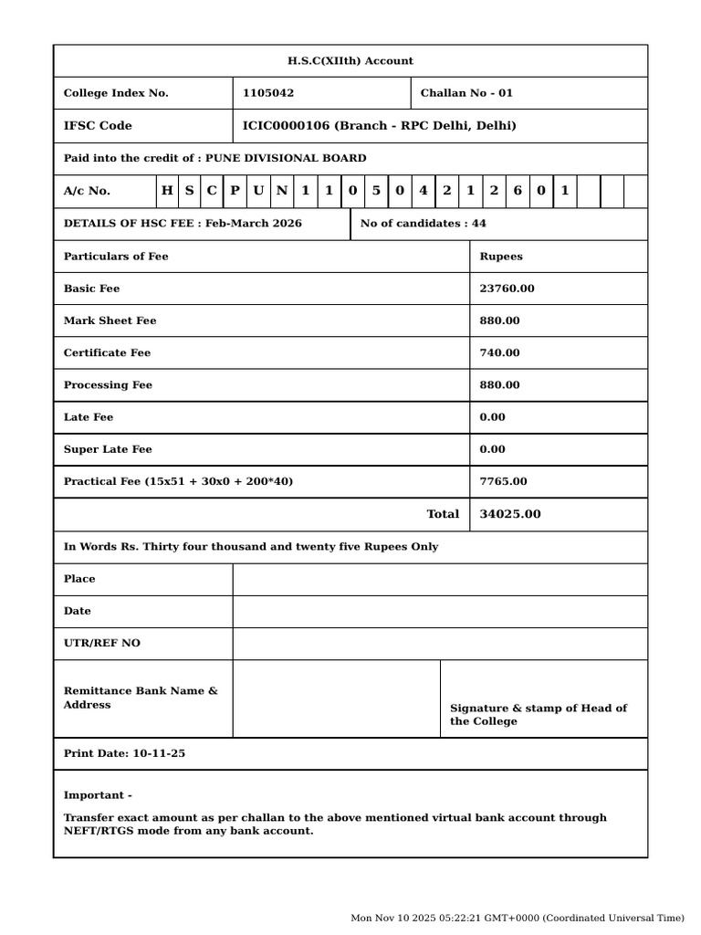 HSC Fee Payment Details for 2026 | PDF