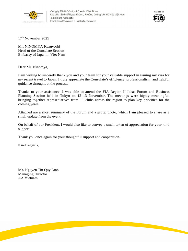 Thank You Letter To The Head of The Consulate | PDF