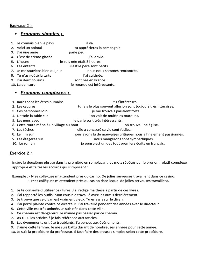 Exercices sur les pronoms en français | PDF