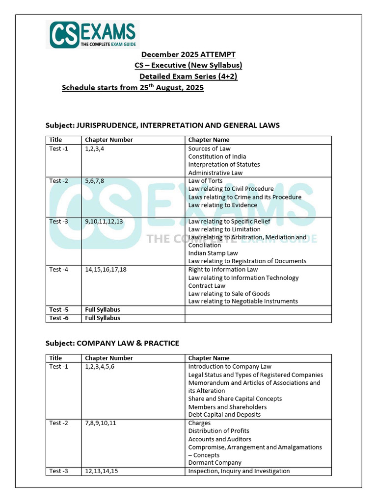 December 2025 CS Executive Exam Schedule | PDF | Business | Taxes