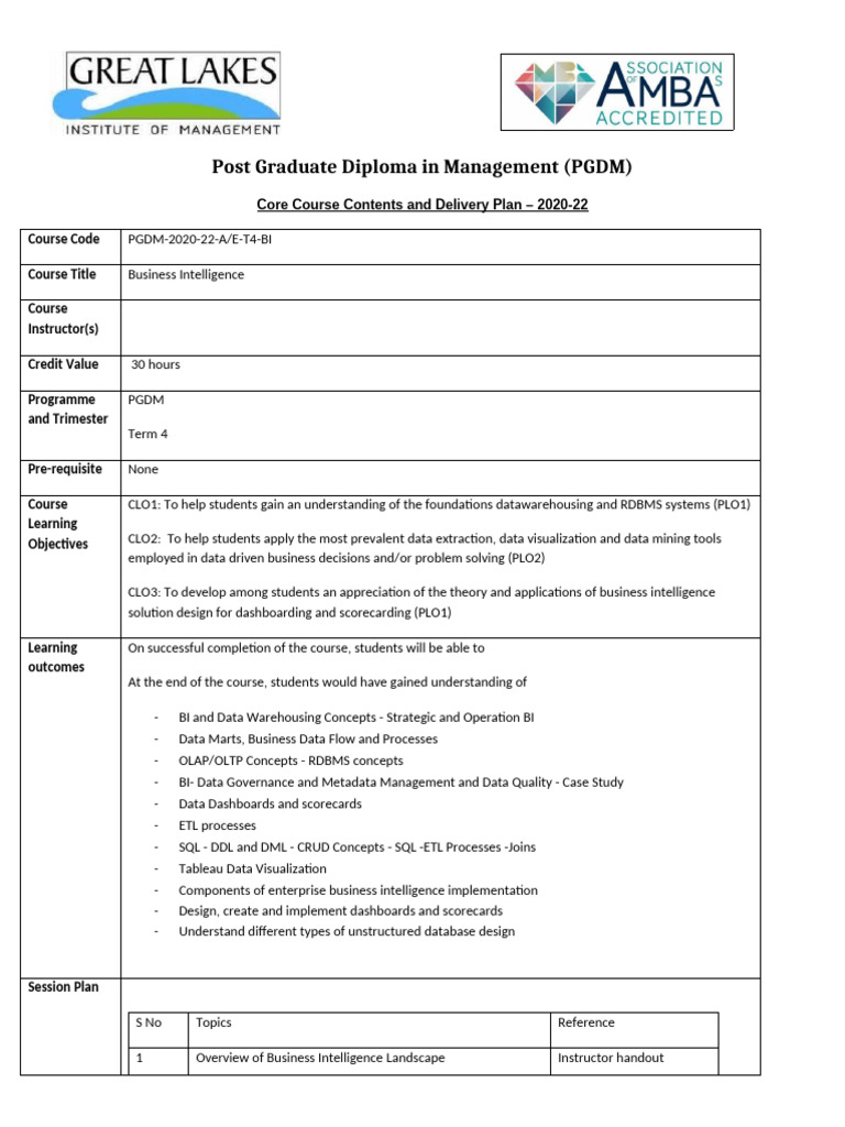 PGDM Business Intelligence Course Overview | PDF | Business ...