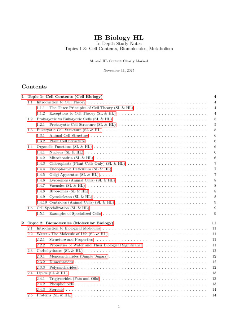 IB Biology HL Study Notes: Topics 1-3 | PDF | Cell (Biology ...