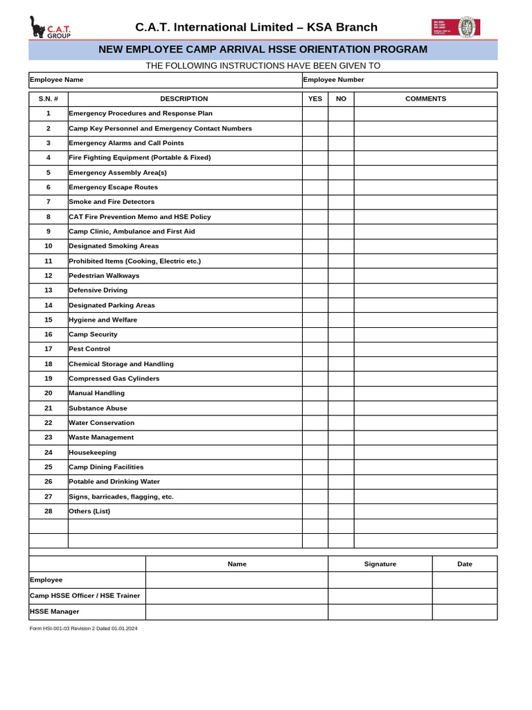 Form HSI-001-03 New Camp Arrival Employee HSSE Oreintation | PDF