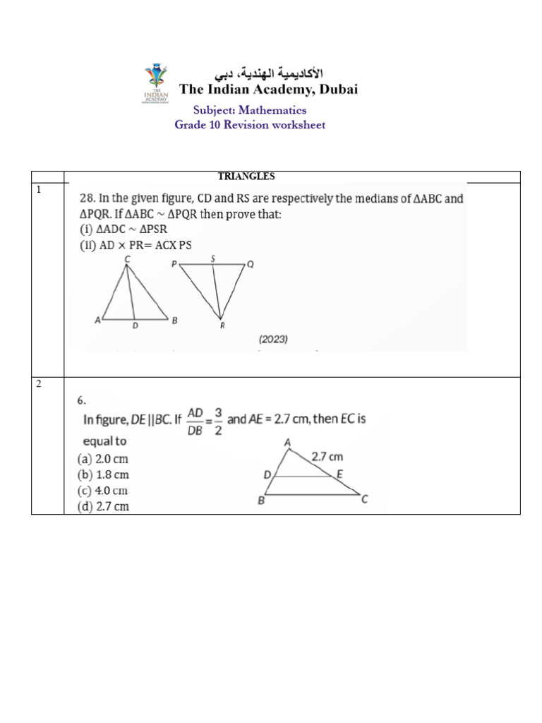 Grade 10 Math Revision: Triangles & Geometry | PDF
