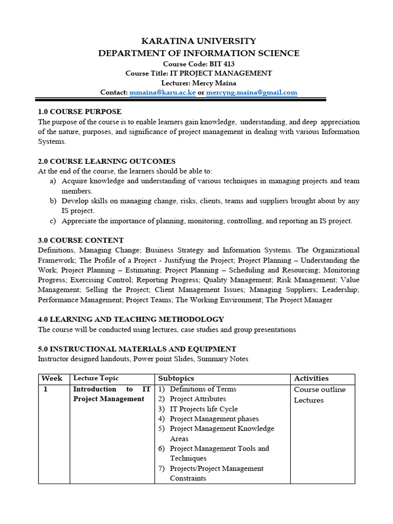 BIT 413 IT Project Management Course Outline | PDF | Project Management ...